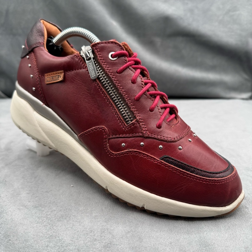 PIKOLINOS Burgundy Leather Sneakers with Silver Zipper and White Sole